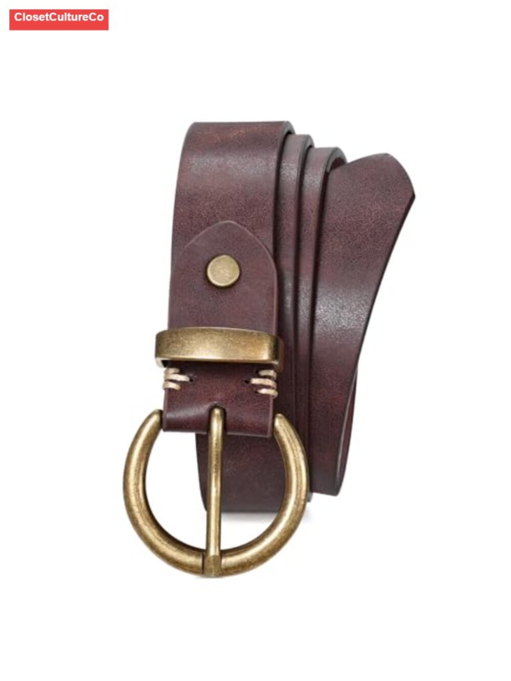 Women's PU Leather Belt with Vintage Brass Circle Buckle, Adjustable Fit